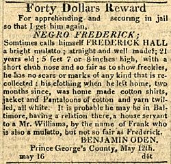 William Williams AKA Frederick Hall Runaway Slave Notice In American Commercial and Daily Advertiser, May 16, 1814