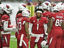 DHop, Christian Kirk, Kyler Murray, Kelvin Beachum huddle (cropped)