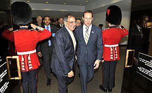 Defense.gov News Photo 120327-D-NI589-221 - Secretary of Defense Leon E. Panetta is greeted by Canadian Minister of National Defense Peter MacKay as he arrives for trilateral meetings with
