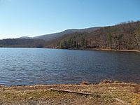 View of the Douthat State Park lake from boat launch area showing blue sky, trees, mountains and water