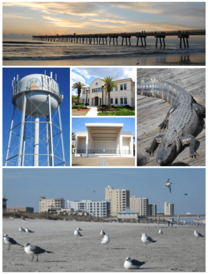 Images from top, left to right: Jacksonville Beach Pier, water tower, Jacksonville Beach City Hall, Sea Walk Pavilion, Adventure Landing, Jacksonville Beach