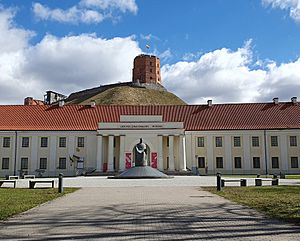 Main entrance to the National Museum of Lithuania, King Mindaugas Monument and Gediminas' Tower in 2023