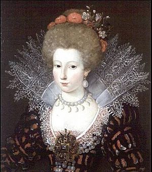 Marguerite Bunel - Portrait of a lady in a high lace collar and jewelled silk costume.jpg