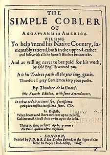 Nathaniel Ward, The Simple Cobler of Aggawam in America (4th ed, 1647, title page).jpg