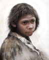 A Neanderthal child with dark hair, skin, and eye colour wearing a reindeer poncho