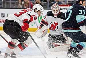New Jersey Devils at Seattle Kraken - 2023-12-07 - Nico Hischier and Akira Schmid (53384842440)