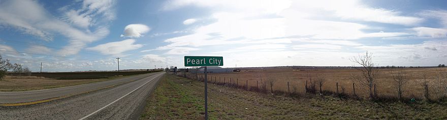 A rural road with the Pearl City sign in the foreground.  A few small buildings are barely visible in the distance.