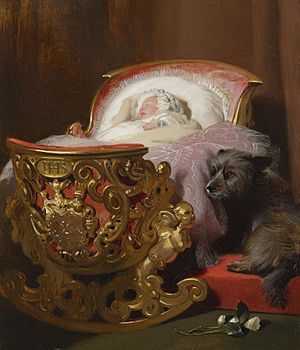 Princess Alice asleep watched over by Dandie, the black terrier
