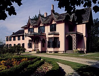 Roseland Cottage was built in 1846 in the Gothic Revival style as the summer home of Henry Chandler Bowen and family. The entire complex, with a boxwood parterre garden, an icehouse, garden house, and LCCN2011631587.jpg