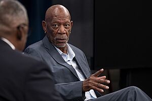 Secretary of Defense Lloyd Austin hosts Morgan Freeman for a private screening and conversation about Freeman’s documentary film on the 761st Tank Battalion at The Pentagon on Aug. 2, 2023 - 230802-D-PM193-3355