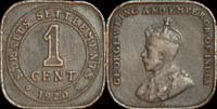 Straits Currency, One Cent Coin, 1920