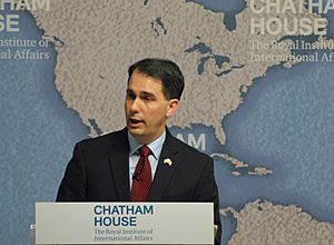 U.S. Governor of Wisconsin Scott Walker speaking at the Chatham House in London, UK in 2015