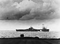 USS Bunker Hill (CV-17) is near-missed by a Japanese bomb during the Battle of the Philippine Sea, 19 June 1944 (80-G-366983)