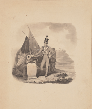 Vignette of a soldier leaning on ordnance with fortifications in distant background