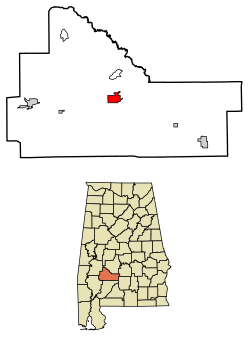 Location of Camden in Wilcox County, Alabama.