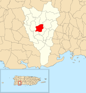Location of Algarrobo within the municipality of Yauco shown in red