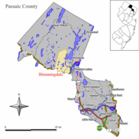 Map of Bloomingdale in Passaic County. Inset: Location of Passaic County highlighted in the State of New Jersey.