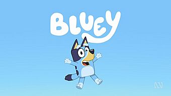 An animated image of an anthropomorphic Blue Heeler puppy, jumping in the air with her arms thrown out beside her, smiling. The dog is coloured blue and displayed in front of a blue background. The word "Bluey" is above her head in white lettering.