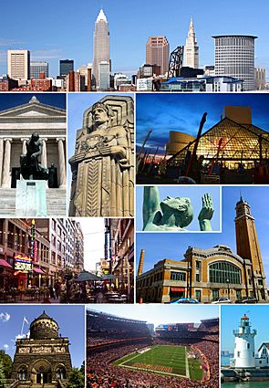 Clockwise, from top: Downtown Cleveland skyline; the Rock and Roll Hall of Fame; Fountain of Eternal Life statue; the West Side Market; West Pierhead Lighthouse; FirstEnergy Stadium; the James A. Garfield Memorial; East 4th Street; south entrance to the Cleveland Museum of Art; and one of the eight Guardians of Traffic