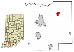 Location of Dubois in Dubois County, Indiana.