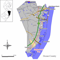 Map of Eagleswood Township in Ocean County. Inset: Location of Ocean County highlighted in the State of New Jersey.