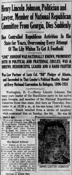 Henry Lincoln Johnson in the New York Age on 19 September 1925, page 1 of 2