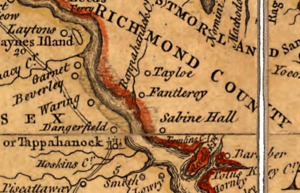 Jefferson Fry Map 1751, Tappahannock (Essex Co) and Richmond County, Tayloe, Carter
