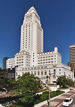Los Angeles City Hall stands at the southern border of the Los Angeles Civic Center