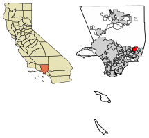 Location of Glendora in Los Angeles County, California.