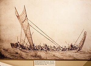 Maori war canoe, drawing by Alexander Sporing
