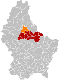 Map of Luxembourg with Bourscheid highlighted in orange, and the canton in dark red