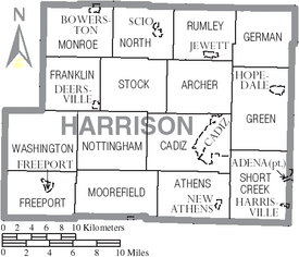 Map of Harrison County Ohio With Municipal and Township Labels