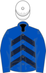 Royal blue, dark blue chevrons on body, white cap