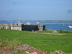 Internal view from Popton Fort, looking out towards Milford Haven with Stack Rock Fort in the centre distance