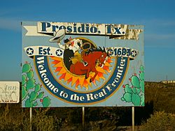 Signpost outside the city of Presidio, Texas