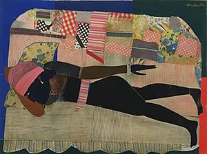 Romare Bearden - Patchwork Quilt. 1970. Cut-and-pasted cloth and paper with synthetic polymer paint on composition board, Museum of Modern Art