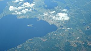 Aerial view of Lac La Biche, Alberta, taken from a Thomas Cook Airlines Airbus A330 en-route from Edmonton to London Gatwick