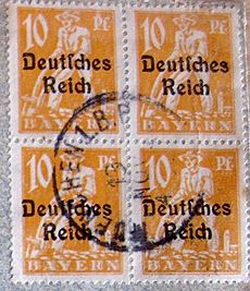 Block of Bavarian stamps (1920s) overprinted with "Deutsches Reich"