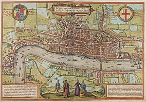 A map of London from Westminster to the Tower, with four figures in 16th-century dress standing on the south bank of the river