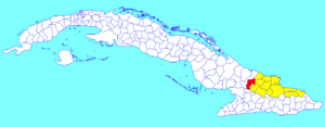 Calixto García municipality (red) within  Holguín Province (yellow) and Cuba