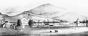 Drawing of Mission San Buenaventura taken from Alfred Robinson's book, "Life in California", California, ca.1839 (CHS-5762) (cropped)