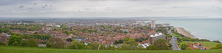 Panoramic view of Eastbourne, as seen from the west on Beachy Head