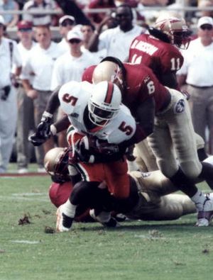 Edgerrin James tackled Miami vs Florida State 1997-10-04 (cropped)