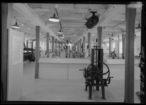 First floor of museum, west end, looking east at machinery exhibits. - Robbins and Lawrence Armory, 196 Main Street, Windsor, Windsor County, VT HAER VT-39-16