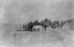 Donald's homestead at Manaia in front of a corner of Kuripuni Bush, February 1849 William Mein Smith