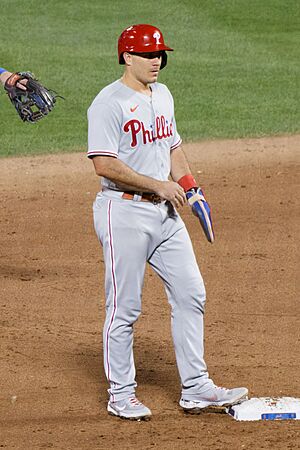 J. T. Realmuto stands at second base, August 13, 2022 (cropped)