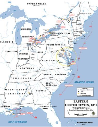 Map of US in War of 1812 Chesapeake circled