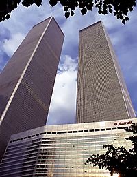 The Marriott World Trade Center (bottom) below the Twin Towers.