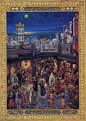 Miniature depicts children playing in the foreground as men gather to talk in a crowded market.