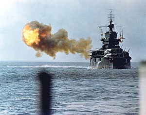 New Mexico class battleship bombarding Okinawa